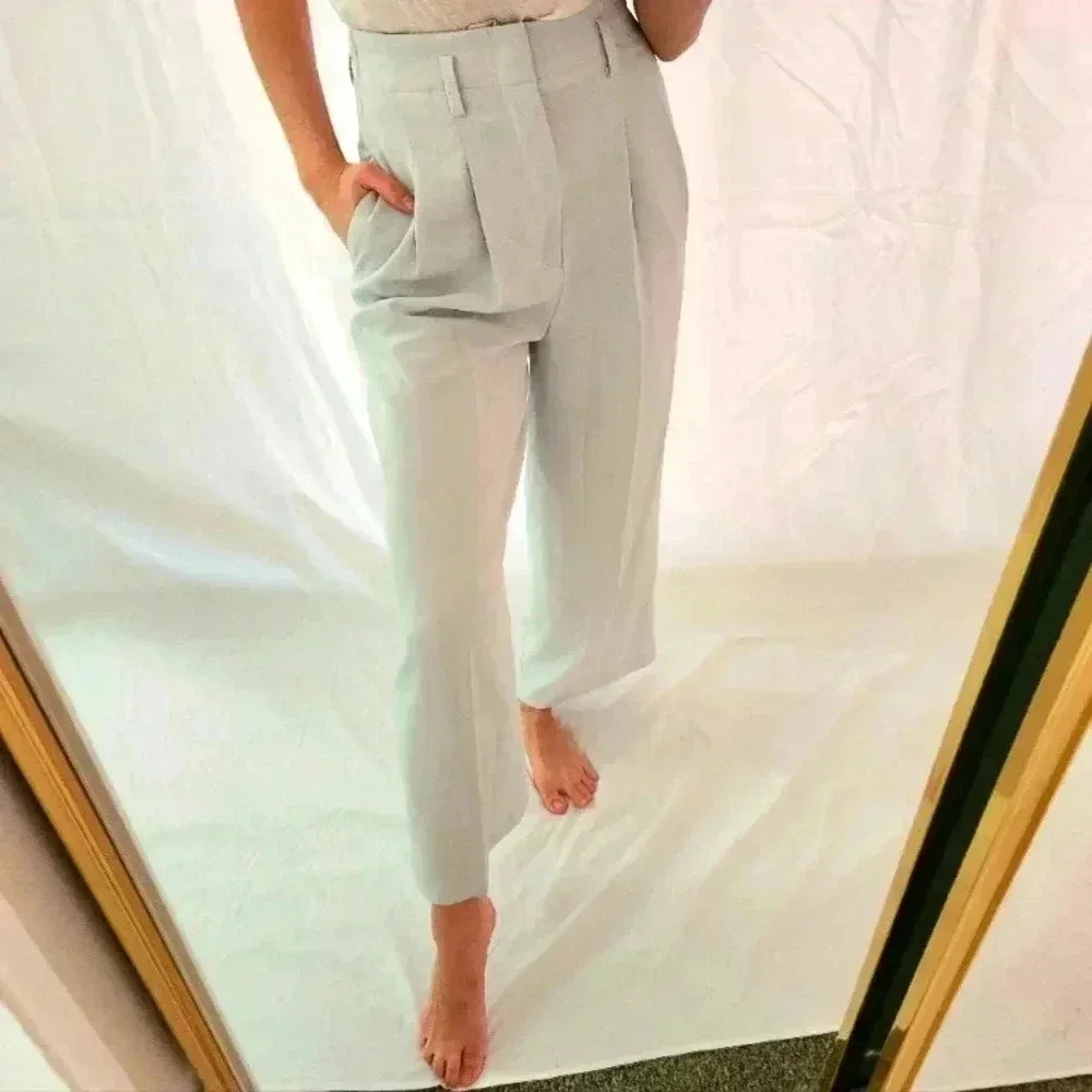 Vintage Pale Blue Wide Leg Trousers High Waisted Pockets Belt Loops Gray Cropped